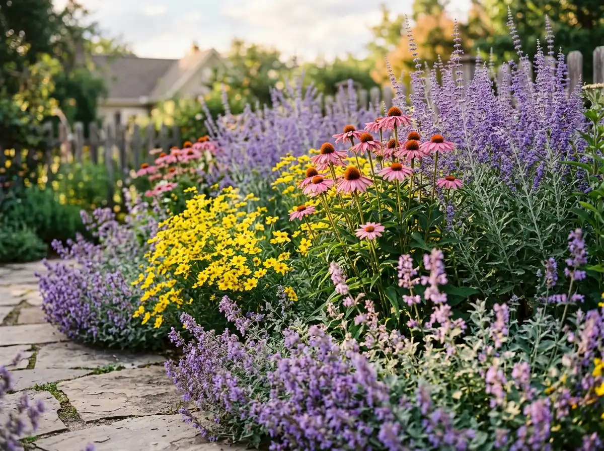 perennial flowers that bloom from spring to fall in a garden border.